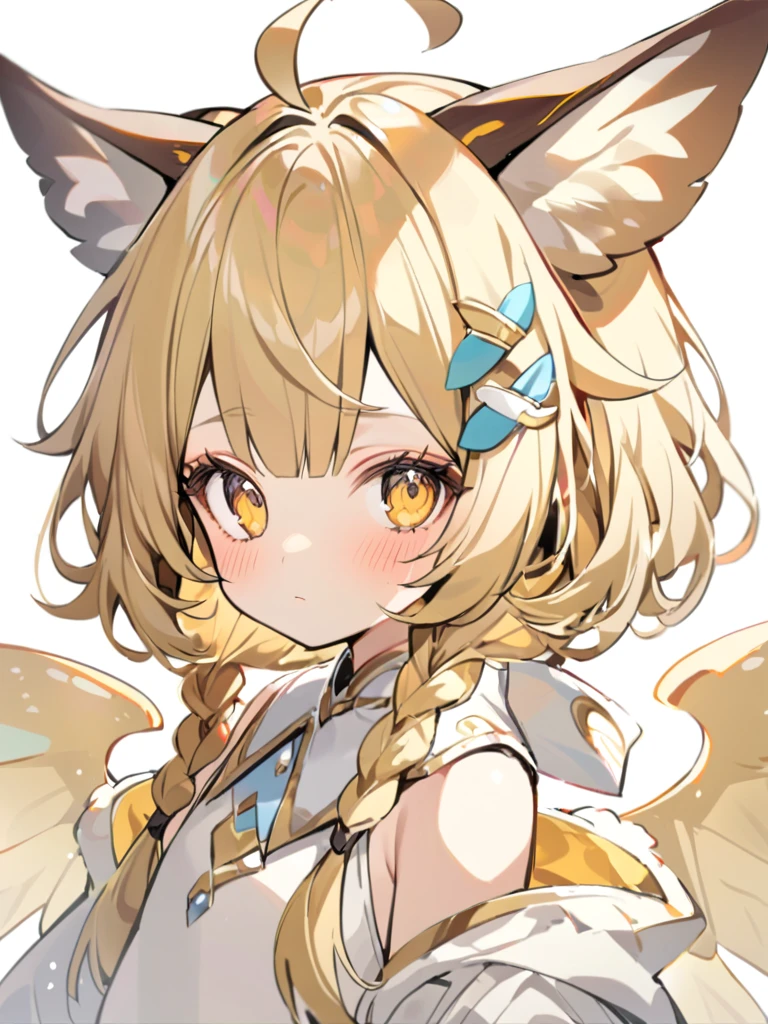 Cute girl, short hair 1girl, ahoge, animal ears, bangs, bare shoulders, blonde hair, blush, closed mouth, eyeshadow, hair ornament, hairclip, long hair, looking at viewer, portrait, sketch, solo, upper body, white background, x hair ornament, yellow eyes,moth ears, white clothes, eyelashes in the form of wings, hair tied in two braids, beige shimmers with white, white at the tips,full-length, separate fluffy collar,, gradient at the ends of the hair is white,It stands, in full height, from head to toe , come up with clothes,white slippers, bare belly, separate tight-fitting long sleeves 