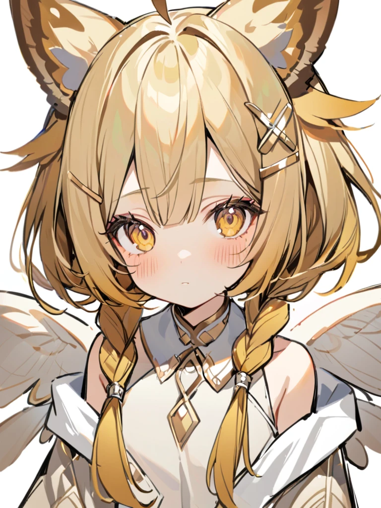 Cute girl, short hair 1girl, ahoge, animal ears, bangs, bare shoulders, blonde hair, blush, closed mouth, eyeshadow, hair ornament, hairclip, long hair, looking at viewer, portrait, sketch, solo, upper body, white background, x hair ornament, yellow eyes,moth ears, white clothes, eyelashes in the form of wings, hair tied in two braids, beige shimmers with white, white at the tips,full-length, separate fluffy collar,, gradient at the ends of the hair is white,It stands, in full height, from head to toe , come up with clothes,white slippers, bare belly, separate tight-fitting long sleeves 