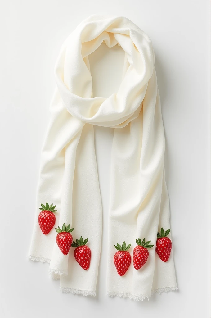 Long white scarf that has strawberry designs at the ends