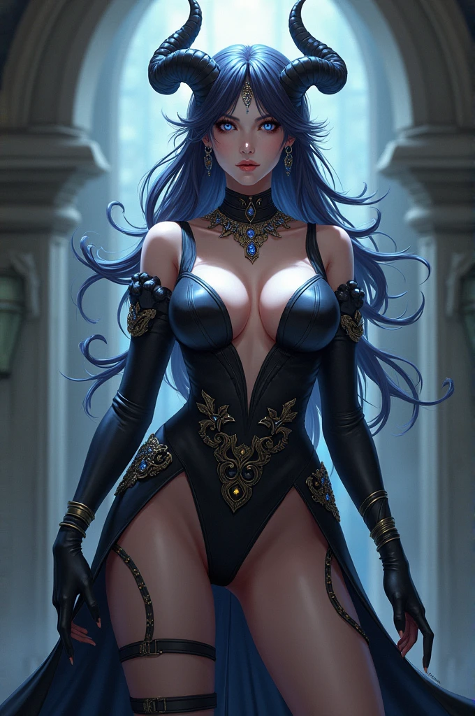Beautiful blue hair woman is shown to have a slender figure, she is wearing a beautiful sexy dress, blue skin, blue eyes, girl standing in a gala ballroom, sexy session, putting her hands on her waist, poseing, exposed cleavage, cowboy shot, superior quality, many details, realistic