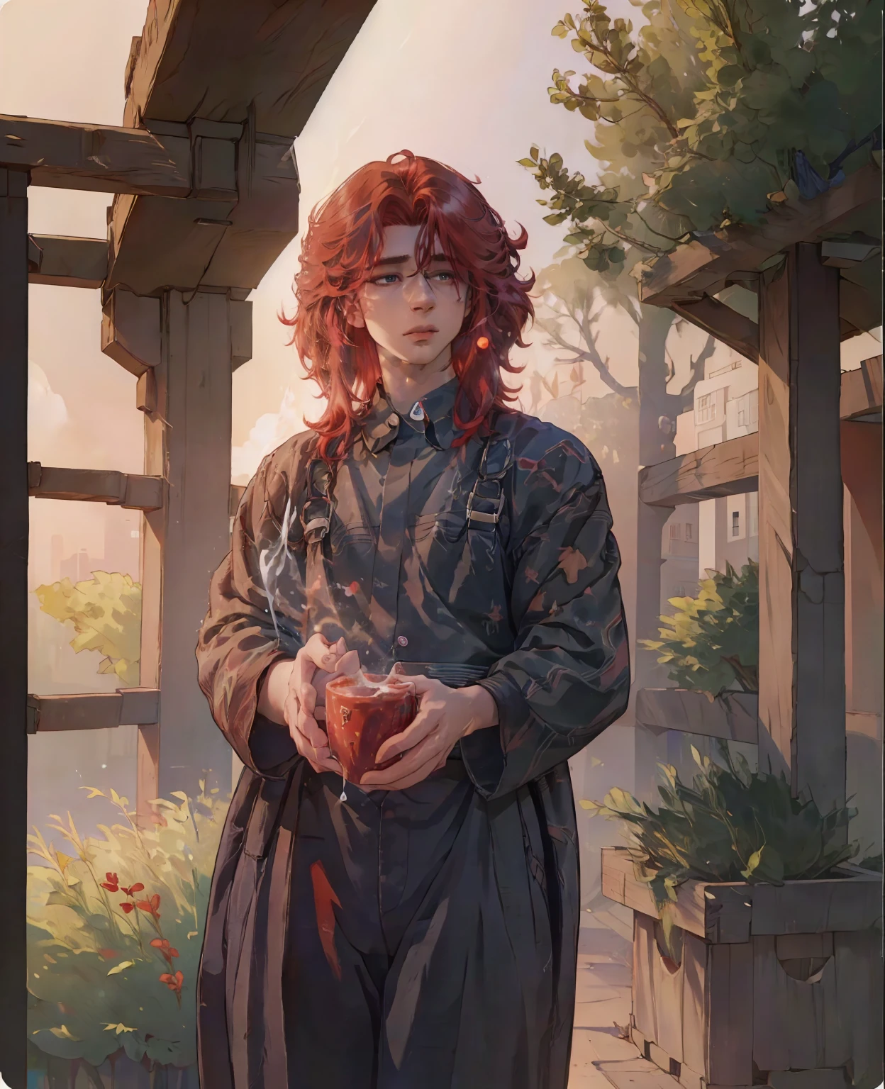 A young man with vibrant red hair and striking red eyes, wearing normal villager clothes, (best quality,4k,8k,highres,masterpiece:1.2),ultra-detailed,(realistic,photorealistic,photo-realistic:1.37),detailed facial features,sharp focus,vivid colors,cinematic lighting,fantasy,concept art