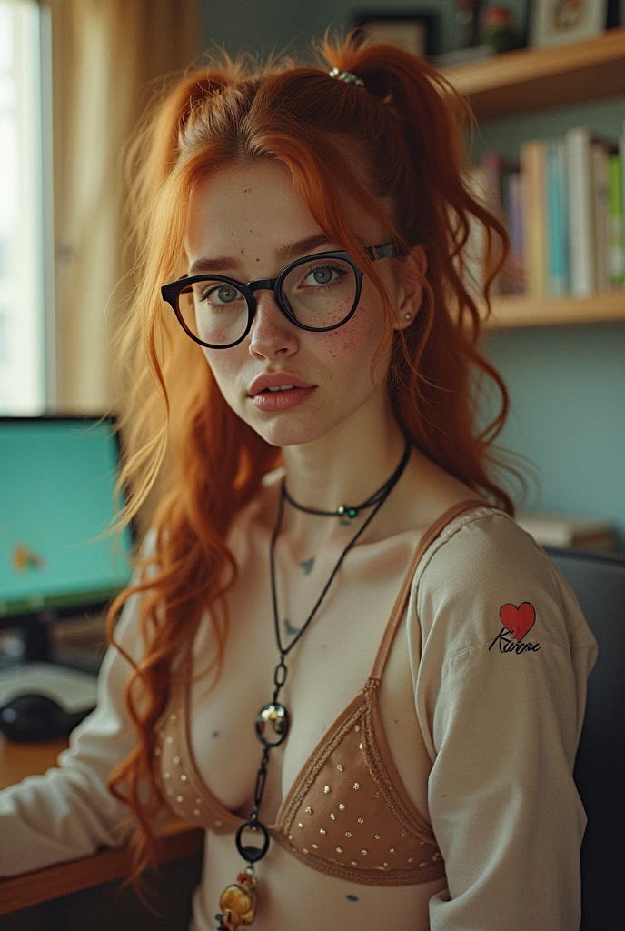 ponytail hairstyle, full body,(open secretary shirt:1.4) and bra , large tits, freckles, realistic skin pores, moles, Polaroid, Kodak portra 400, dof 24mm, analog phot, 25 y.o. (wavy copper ponytail red hair:1.4) nerd girl, innocent nerd, pale skin, nerd glasses, tattoo, teddybear, polaroid style, photo realistic, masterpiece, realism, dorm room, acne, sitting in front of her pc