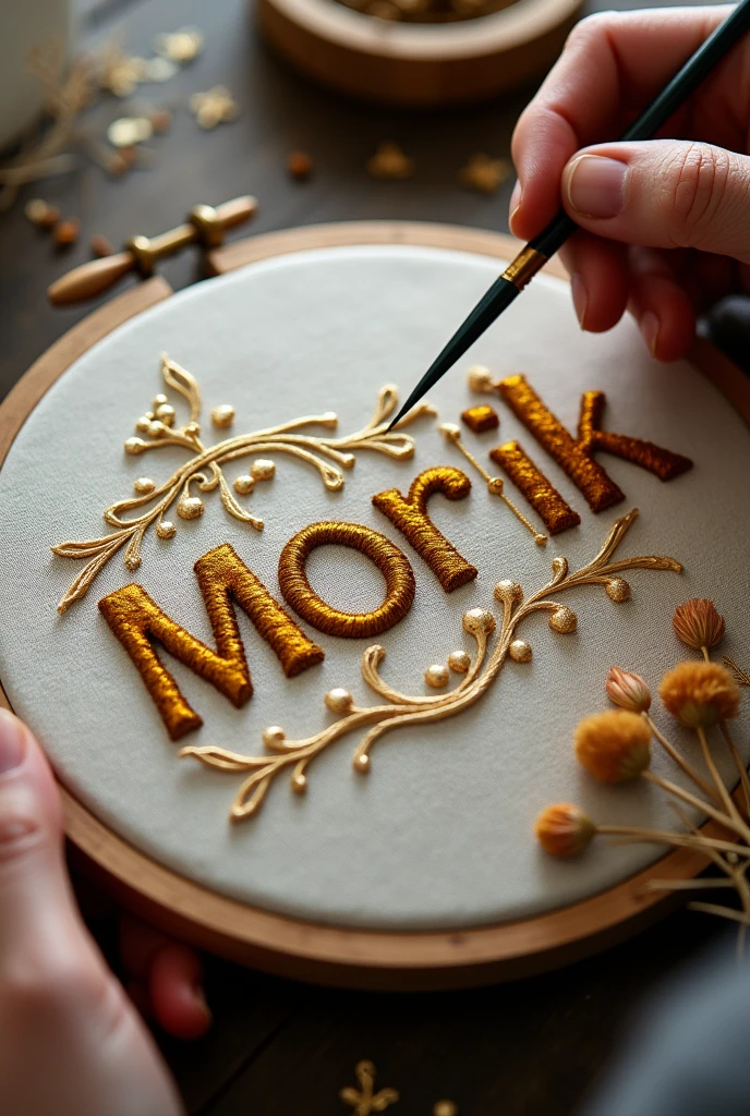 Word morikh written with hand embroidery along with hand needle and paint brush on a embroidery frame with golden thread.