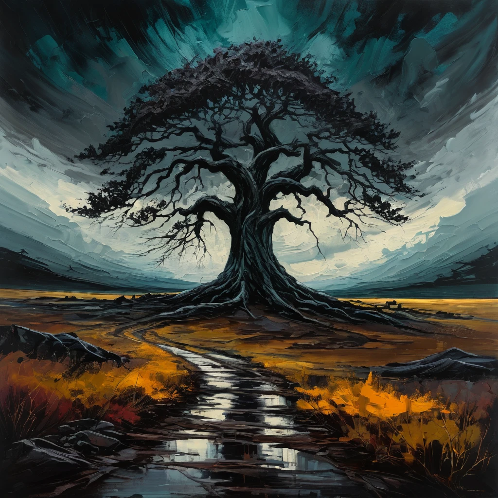 He was a legend walking towards a lone tree, acrylic painting, calm , majestic, desperate, unstoppable, digital painting, expressionism, dramatic, nostalgic memories, dark tones, gloomy, emotionally profound, epic scene, acrylic painting, lone tree, dark tones, uncomfortable atmosphere, intricately detailed art, surrealism, abstract, intricate brush strokes, intricate details, creative, expressive, detailed, colorful, digital art, dark, gloomy, expressionism, emotionally profound
