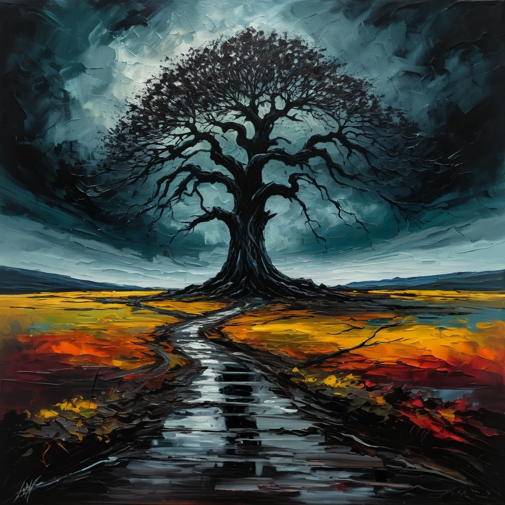 He was a legend walking towards a lone tree, acrylic painting, calm , majestic, desperate, unstoppable, digital painting, expressionism, dramatic, nostalgic memories, dark tones, gloomy, emotionally profound, epic scene, acrylic painting, lone tree, dark tones, uncomfortable atmosphere, intricately detailed art, surrealism, abstract, intricate brush strokes, intricate details, creative, expressive, detailed, colorful, digital art, dark, gloomy, expressionism, emotionally profound
