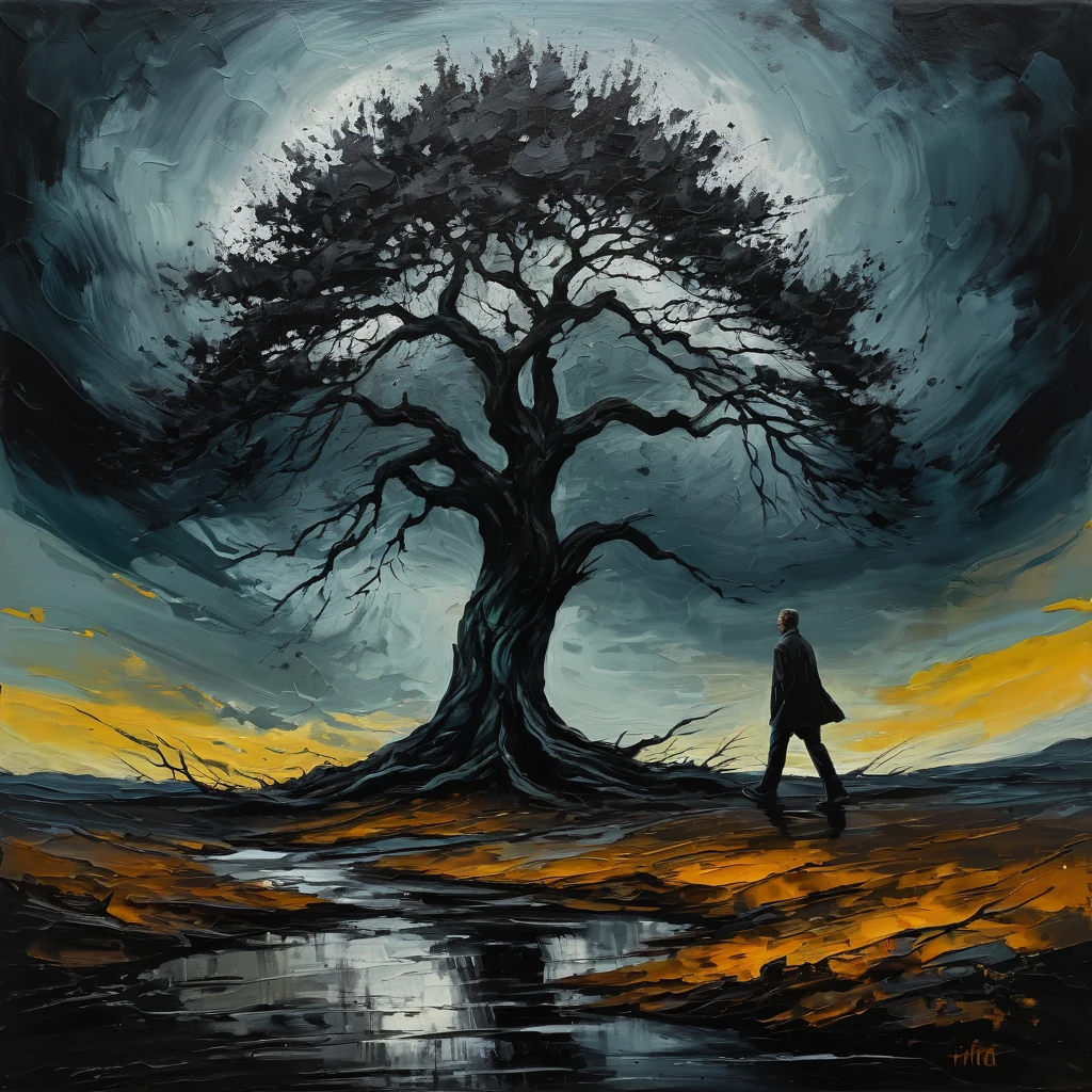 He was a legend walking towards a lone tree, acrylic painting, calm , majestic, desperate, unstoppable, digital painting, expressionism, dramatic, nostalgic memories, dark tones, gloomy, emotionally profound, epic scene, acrylic painting, lone tree, dark tones, uncomfortable atmosphere, intricately detailed art, surrealism, abstract, intricate brush strokes, intricate details, creative, expressive, detailed, colorful, digital art, dark, gloomy, expressionism, emotionally profound