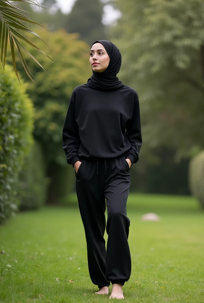 In the garden, a woman with a black headscarf, black sweatpants, Barefoot woman. Men who touch women