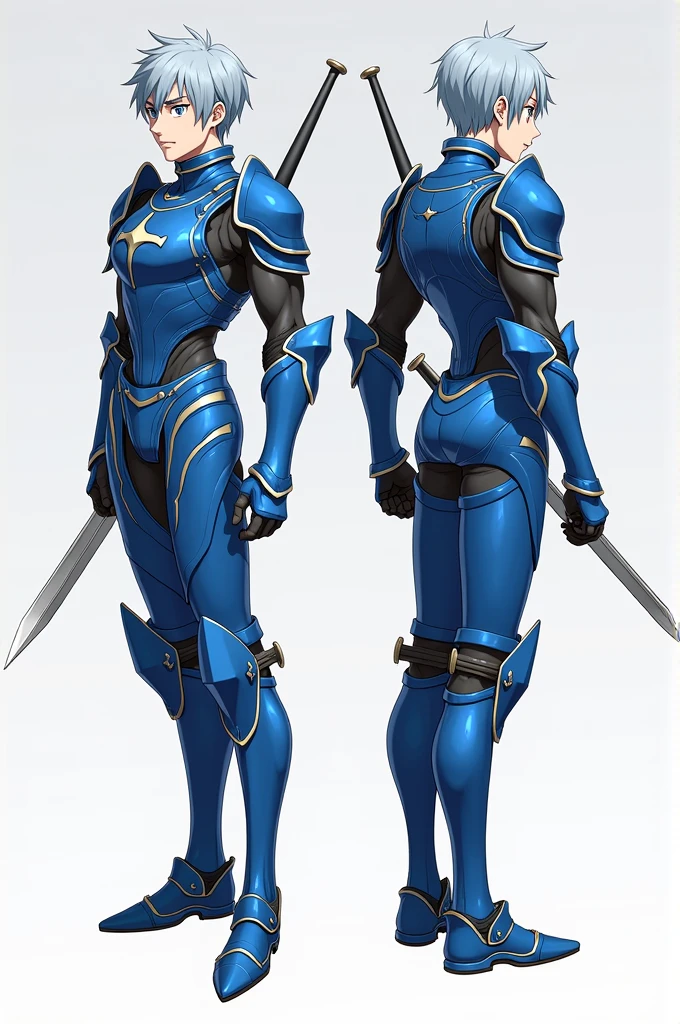 Model sheet, anime style, front view, side view and back view, knight, with blue armor