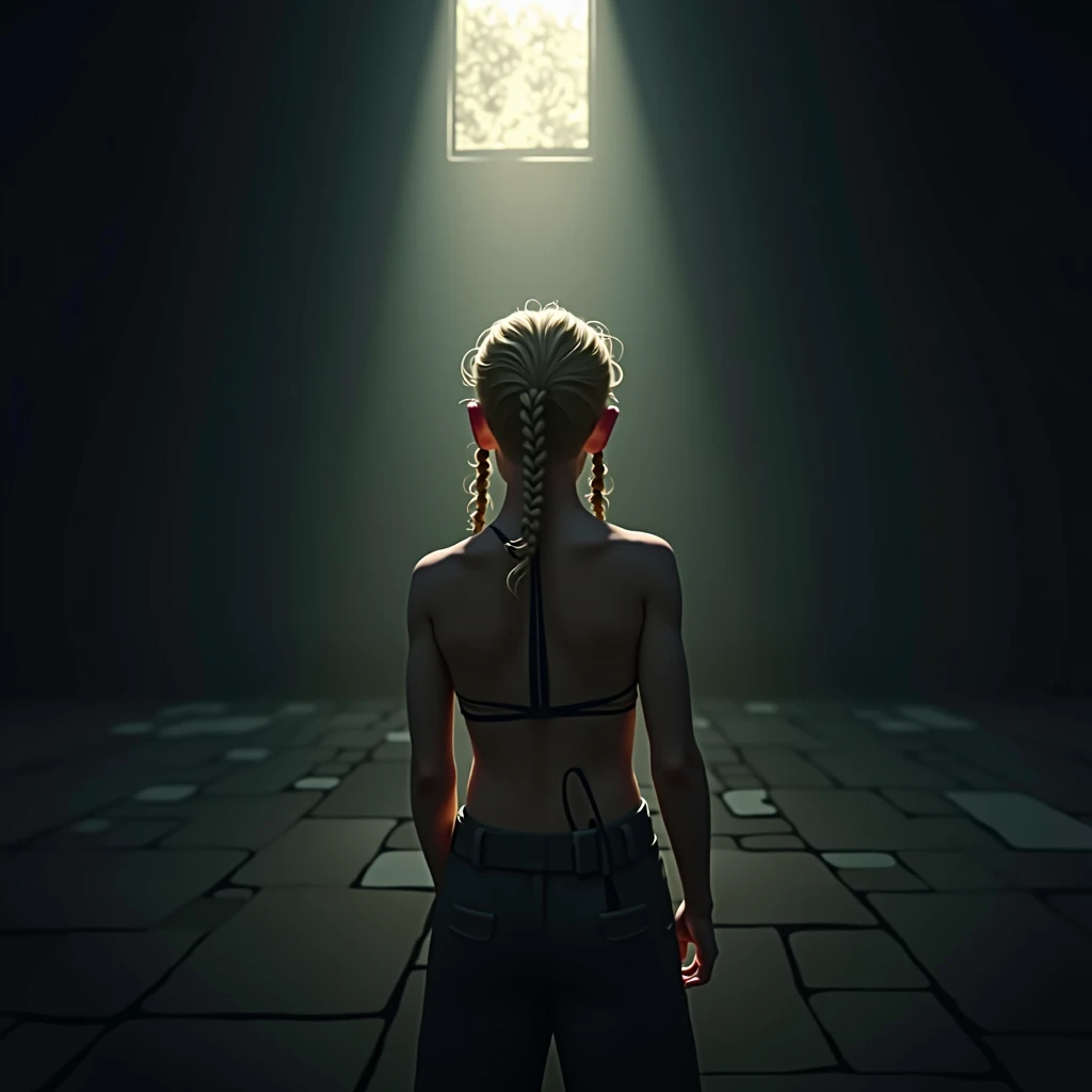 A light in the darkness A boy with blonde braids and a tied up body The protagonist of a game He turns his back, his face cannot be seen