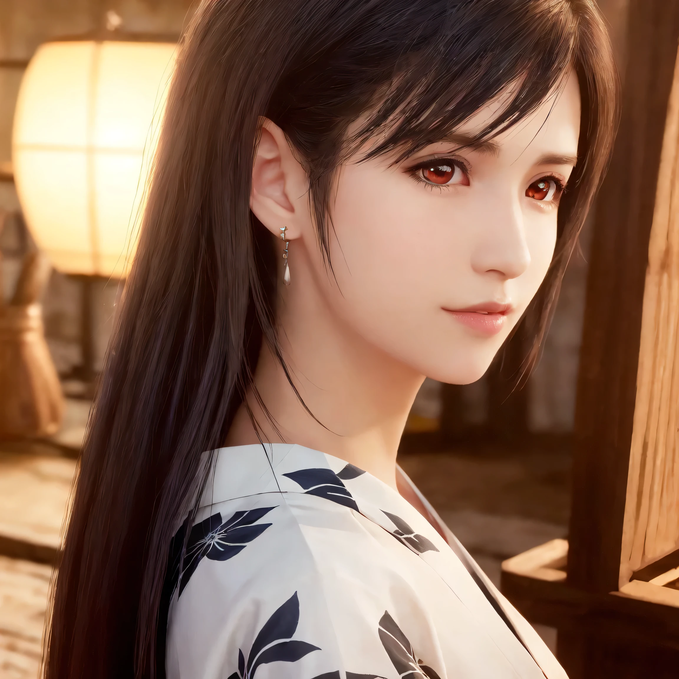 tifa lockhart,red_eyes,black hair,long hair,earrings, jewelry,((female)),Solo,(20yo:1.3),(japanese,cool beauty:1.2),(photo realistic,perfect anatomy:1.3),(hyper detailed, masterpiece:1.2), best quality,RAW photo, exquisite, beautiful ,From Behind,((Cowboy Shot)),sharp focus, depth of field ,blur background, bokeh ,Lens Flare, Ray tracing,Cinematic lighting,(detailed face),((yukata)),folded fan,Looking Over Shoulder,Half Smile,black hair,shrine