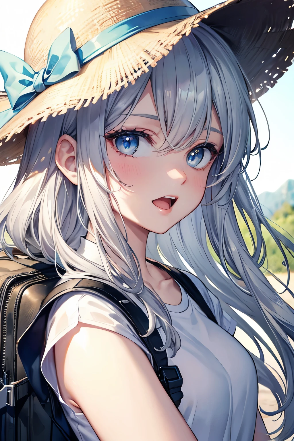 (Best quality,4K,8K,High resolution,Masterpiece:1.2),Super detailed,(Actual, Realistic),highly detailed, top quality, soft skin,Portrait,
break,
((Beautiful clear blue eyes:1.2)),very kind eyes,eyes wide open,beautiful eyelashes,beautiful lower eyelashes,slender body,
break,
((Beautiful and shiny silver hair:1.3)),A dazzling smile, a bursting smile, an open mouth laugh,
break,
Backpack,T-shirt,jogger pants,safari hat,hiking,(close-up of face)