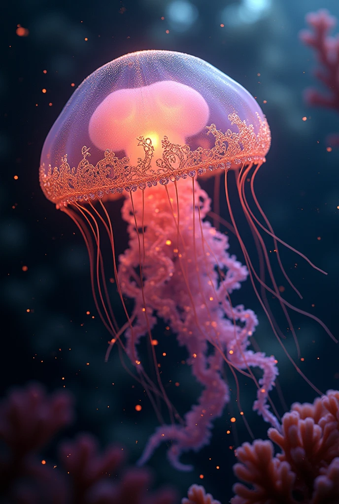photo RAW, (Black and pink : Portrait of a ghostly jellyfish, shiny aura, highly detailed, gold filigree, intricate motifs, organic tracery, by Android jones, Januz Miralles, Hikari Shimoda, glowing stardust by W. Zelmer, perfect composition, smooth, sharp focus, sparkling particles, lively coral reef background Realistic, realism, hd, 35mm photograph, 8k), masterpiece, award winning photography, natural light, perfect composition, high detail, hyper realistic