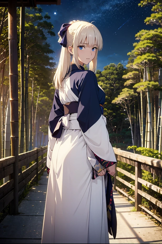 an animated image of an asian girls wearing a kimono and bamboo trees with an astro background, bamboo, 1girl, fujiwara no mokou, solo, long hair, japanese clothes, moon, red pants, blue eyes, full moon, night, bangs, sash, kimono, bamboo forest, wide sleeves, white kimono, long sleeves, sky, white hair, looking at viewer, outdoors, bow, obi, hair bow