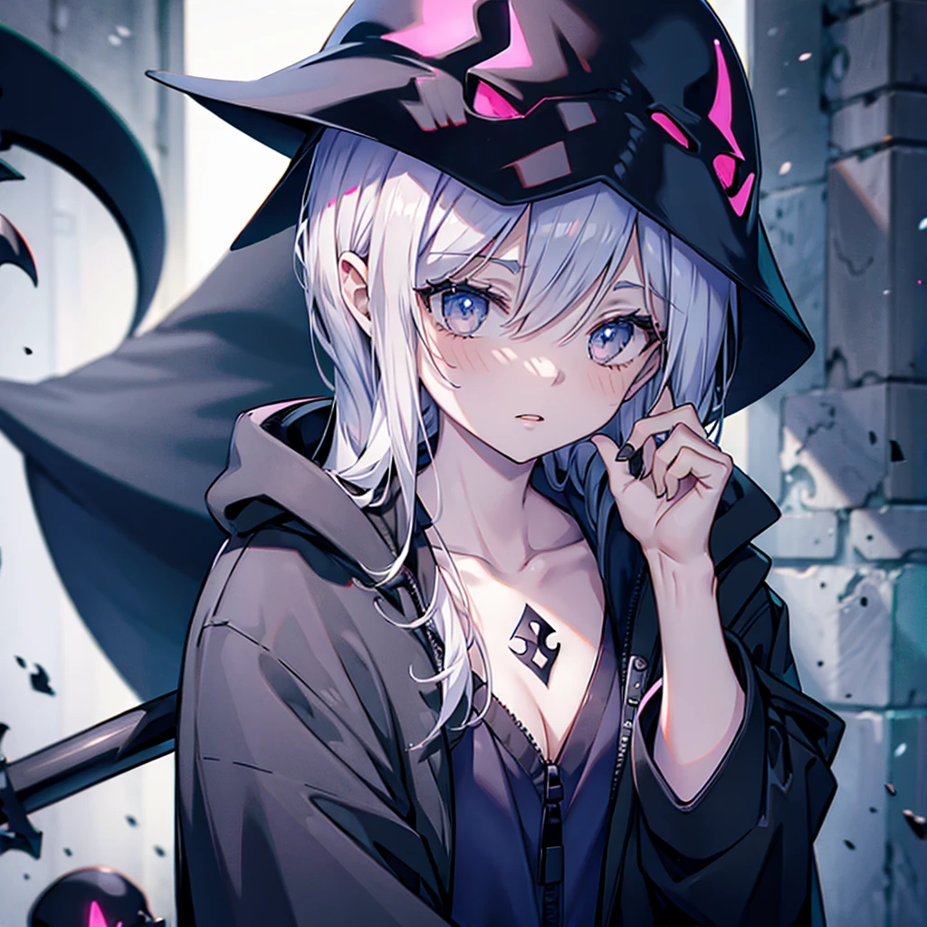 (((Grim Reaper&#39;s Scythe))) (((A girl with short white hair and blue eyes)))，((Full moon at night, my big wings))，(Hoodie, black camisole, purple light)， Nervous expression Shiny background Shiny edges,The cruel world of Grimm&#39;s fairy tales、