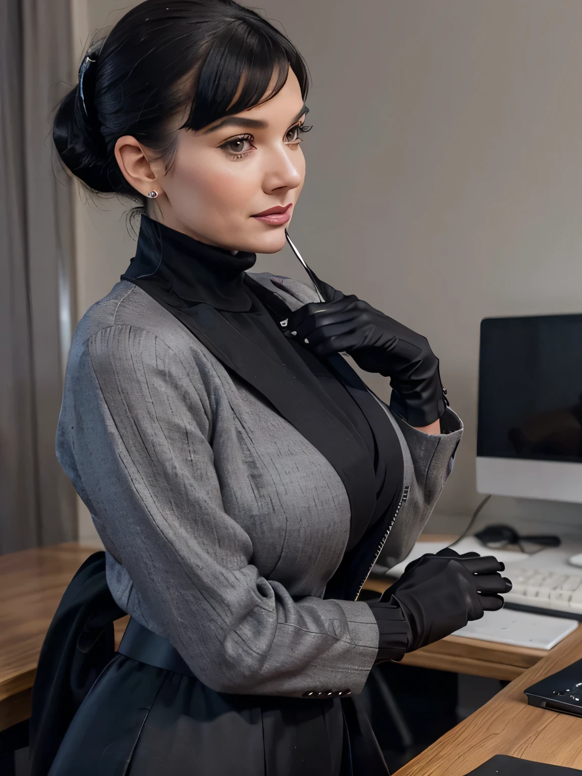 photo of a classy prime minister of parliament woman standing near her desk with her hands a mobile phone making a call, bettie page at 45 years old , she is flirting with the camera ,, Bettie has a grey tellier double breasted jacket grey turtleneck sweater , and a black long maxi-skirt(black long maxi-skirt:1.2(( black ponytail hair)) (( she is wearing his favorite vintage grey silk gloves )) (( intimate moment, she likes this young man)) 