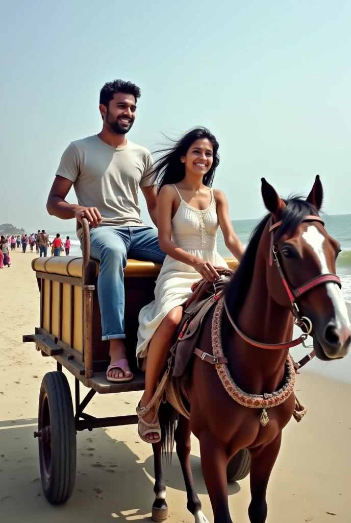 A boy age 27 south India from andhrapradesh wear jeans and t-shirt dusky skin and there was a girl age 25 north India from mumbai looks very modern she wears western dress looks very beautiful and active. Both are roaming on horse cart at marine beach drive in front of taj hotel.