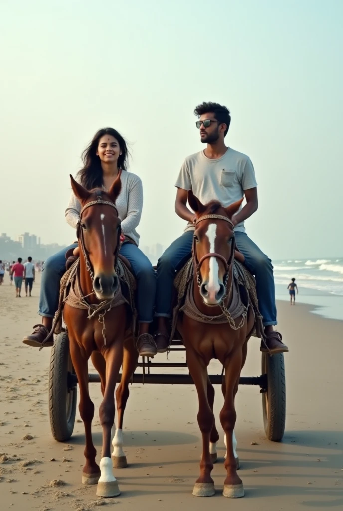 A boy age 27 south India from andhrapradesh wear jeans and t-shirt dusky skin and there was a girl age 25 north India from mumbai looks very modern she wears western dress looks very beautiful and active. Both are roaming on horse cart at marine beach drive in front of taj hotel.