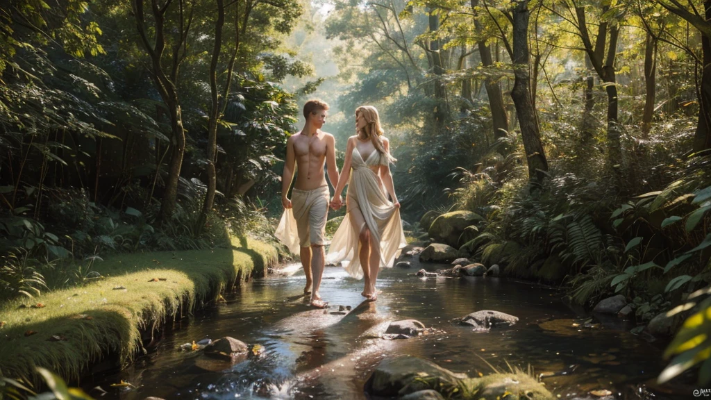 A beautiful blonde couple, blue eyes, nude bodies covered by leaves, walking through a divine forest, full of trees and grass, with streams in the background, (best quality,4k,8k,highres,masterpiece:1.2),ultra-detailed,(realistic,photorealistic,photo-realistic:1.37),beautiful detailed eyes,beautiful detailed lips,extremely detailed eyes and face,longeyelashes,portrait,landscape,natural lighting,vibrant colors,warm tones