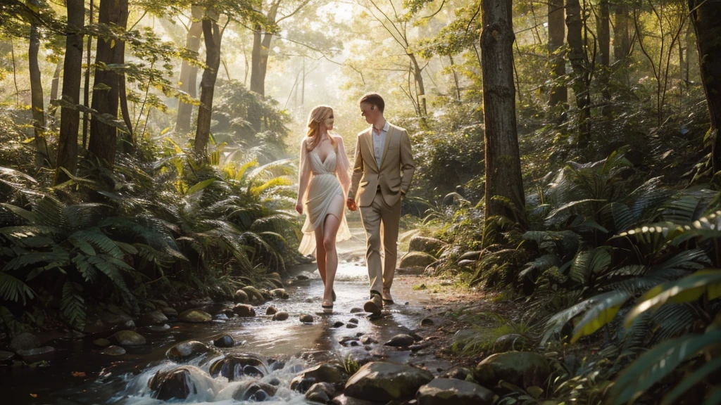 A beautiful blonde couple, blue eyes, nude bodies covered by leaves, walking through a divine forest, full of trees and grass, with streams in the background, (best quality,4k,8k,highres,masterpiece:1.2),ultra-detailed,(realistic,photorealistic,photo-realistic:1.37),beautiful detailed eyes,beautiful detailed lips,extremely detailed eyes and face,longeyelashes,portrait,landscape,natural lighting,vibrant colors,warm tones