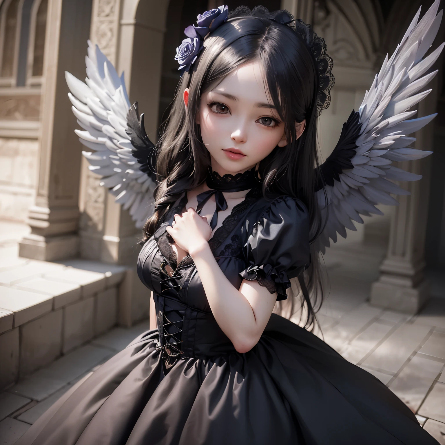 there is a woman dressed in a black dress with wings, The villain has black angel wings, Angel Knight Gothic Girl, Young One Angel, Majestic angel all over the body, angel with black wings, Beautiful angel girl, 3D Anime Real, Gweiz-style artwork, Dreamy gothic girl, Gothic Maiden Anime Girl, Elegant Gothic Princess