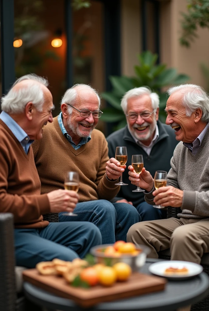 4 best friends who are 70 years old who are laughing and having fun together male