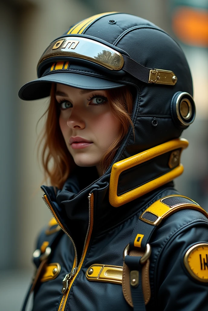 A hat with an aeronautical design in black and yellow with gold details, featuring the letters MJ on the front..