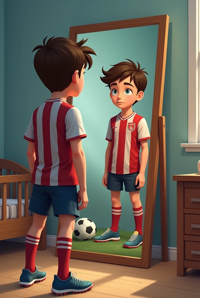make a age boy looking at the mirror imagening himself as a footballer in the mirror