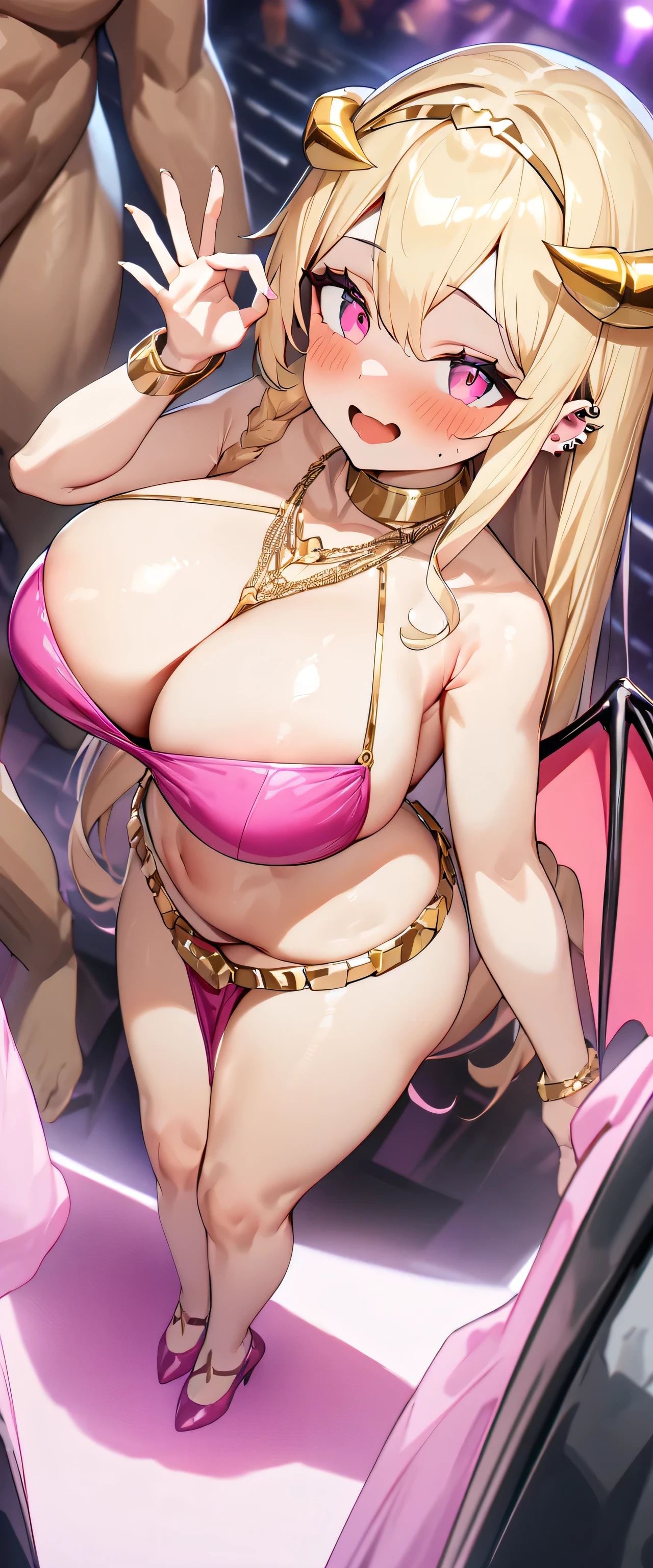 Being fondled by a group of black people,1 girl,Super delicate skin,Radiant Skin,Moist oily skin, devil smile,Huge Chest,Chest,Fellatio Gesture,gesture,Show your thighs,Vibrant colors,masterpiece,best quality,Extremely detailed,high resolution,Nightclub,Look at the audience,,((masterpiece、best quality、Very detailed)、((A girl))、blond,Dark skinned hottie,Tattoo,Gold ring belt,Pink Dancer,Wearing a gold necklace on her head,Black spiral horn,nun,Succubus wings,Cover your mouth with gauze、Pink Eyes、((There are many piercings))、((Big Chest))、Cowboy shooting、Shooting from above、Purple light strip,((best quality)), ((masterpiece)), (detailed), (character focus、Chest Focus,whole body), Thick Legs,Long hair,curls,Thick thighs,Huge breasts,Half Chest Exposed,Fascinating three-dimensional,Fascinating three-dimensional,Fascinating three-dimensional,Whole body soaked,Shortness of breath,Bright Pink