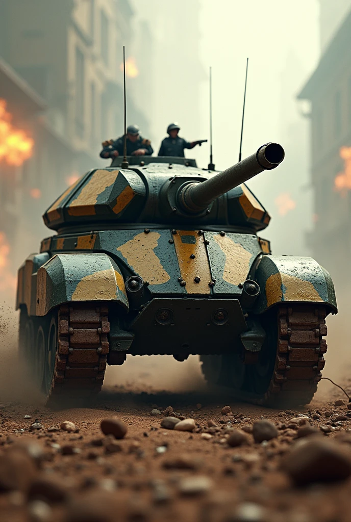 Armored tank in the shape of a beetle, Equipped with a cannon, camouflage pattern, battle scene, dutch angle, sci-fi concept art