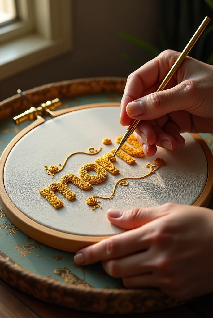 Word morikh written with hand embroidery along with hand needle in hand on a embroidery frame with golden thread. Make it look like real picture.