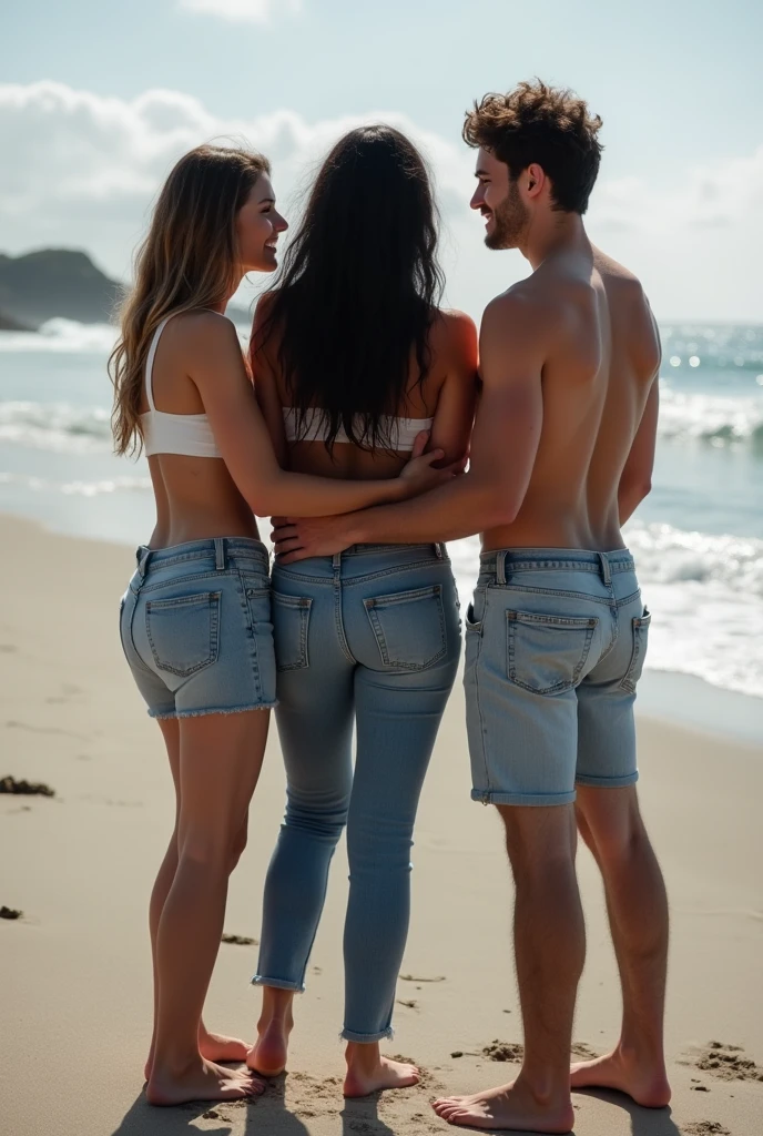 Black hair on the beach, sexy, barefoot, 2 women in jeans. 2 men touching a woman