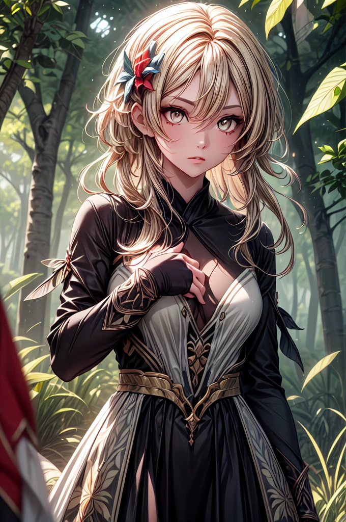 This is an ((ultra detailed)) and ((best quality)) fantasy (((masterpiece))). Generate a beautiful wood faerie standing in the middle of a magical forest. Detailed leaves of oranges and reds float through the air and seem to swirl in a strong gust of wind. The ((faerie's eyes are important)) and are beautiful eyes, ((realistically detailed eyes)), interesting eyes, and (((colorful eyes))) with complex patterns. Her clothes are soft and in autumnal hues, with flowing silk that dances in the breeze. Utilize ((dynamic composition)) and cinematic lighting to create a compelling image. Include beautiful eyes, (puffy lips), orange leaves, red detailed leaves, hazy rays of light, wind, cold