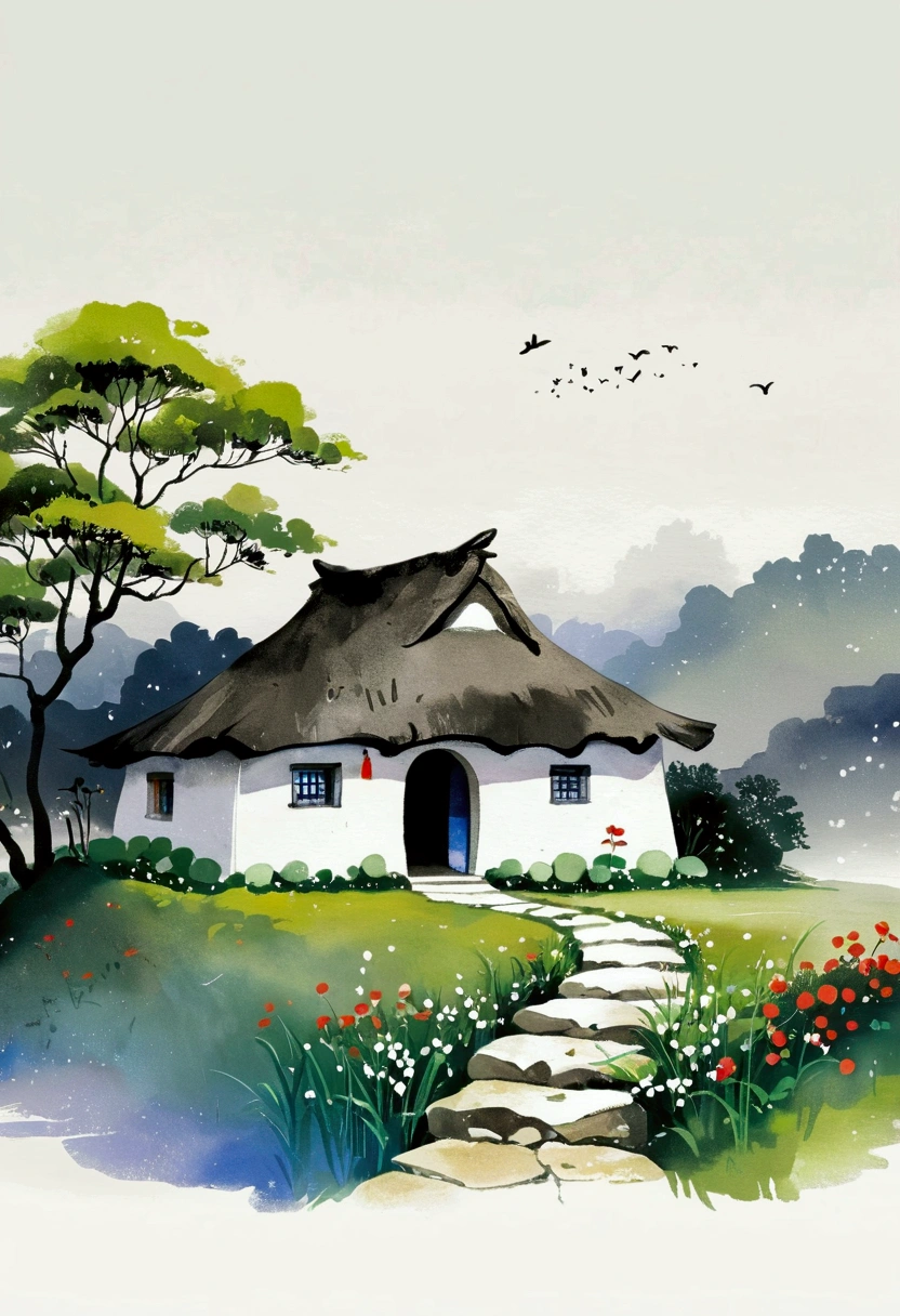 Sky占比2/3,75%blank.Chinese Ink Painting Sketch:Peaceful and Freehand,artistic conception:2.Dot,A small thatched hut on a winding path - chimney,Minimalism,White background。(((Negative Space:2,大面积blank:2, Bottom left corner composition)))