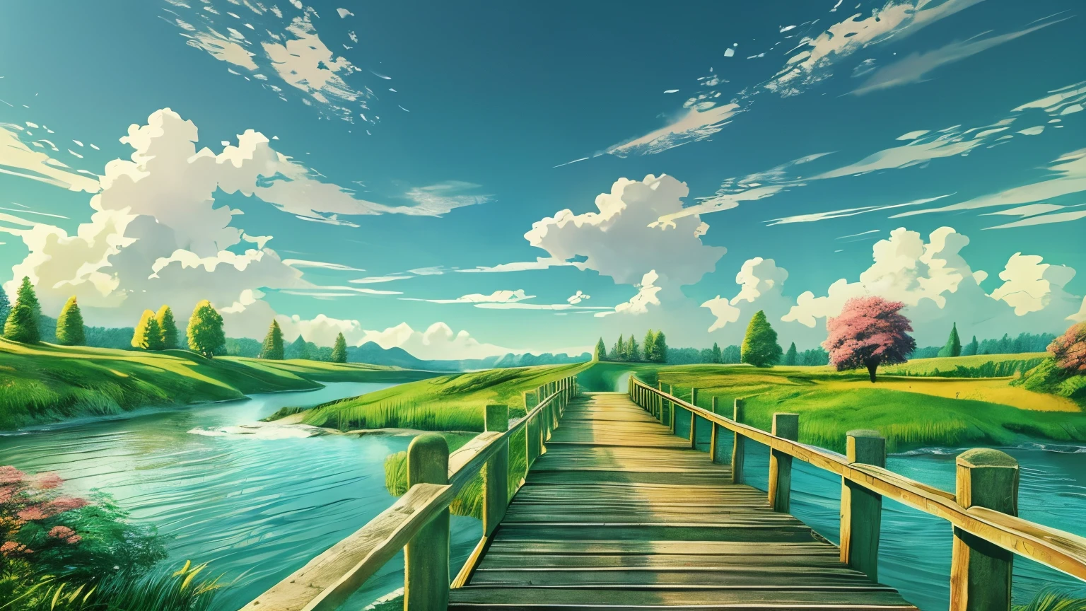 animated scenery of a bridge over a river with a sky background, beautiful animated scenery, animated scenery wallpaper, animated scenery, Animated Nature, Animated Nature wallpap, animated scenery, animated background art, animated background, Beautiful peaceful scenes from the animation, beautiful animated scenes, wallpaper animated blue water, animated countryside scenery, detailed landscape, Scenery artwork