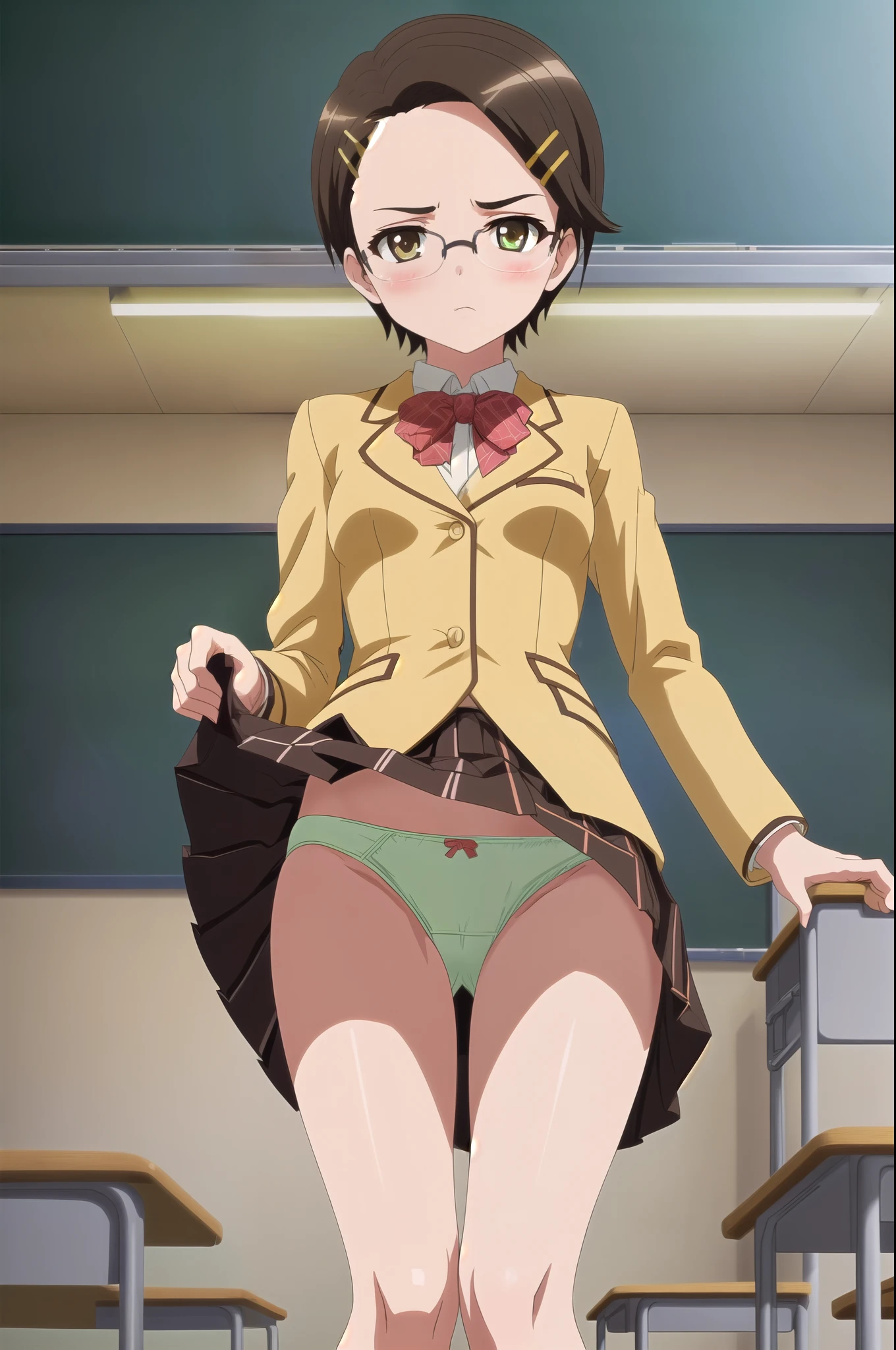 masterpiece, super fine illustration, best quality, light particles, ultra-detailed, 8K,young girl,[official art],[[anime styled]],[[digitalart]],akane_asahina,over-rim eyewear,((pixie cut)),(hairclip),((forehead,side part hairstyle)),black hair,small breasts,short torso,, shiny skin, oily skin,((school uniform,cream colored jacket)),((brown pleated skirt:1.2)),NSFW,1girl in,standing,From below,Looking at Viewer,up skirt,Best Quality,Skirt lift,scowl,blush,megami magazine,anime screen cap,Flat color,cel shading,(tucking up the skirt),((lite green Panties)),short torso,Show panties,pantyshot,up skirt,(classroom)