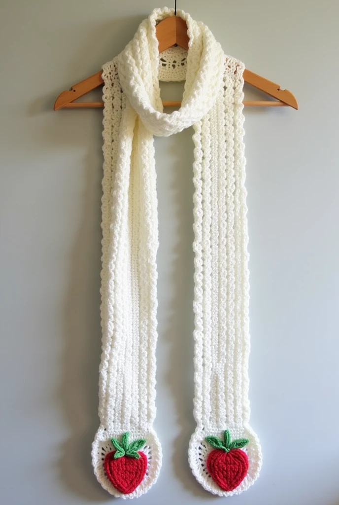 Long white crochet scarf with strawberry designs at the ends
