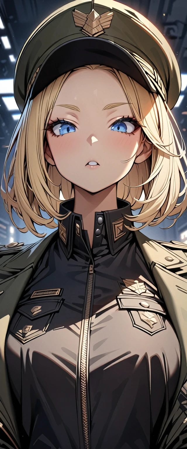 Bobcut　Blonde　forehead　Nazis　Black costume　Army Costume　Army Caps　((Shoulder jacket))　pistol　((Loose-fitting clothing))　((Upper Body))　Big eyes　Blue eyes　Mouth closed　Highest quality　Super detailed　detailed woman　High quality　8k　