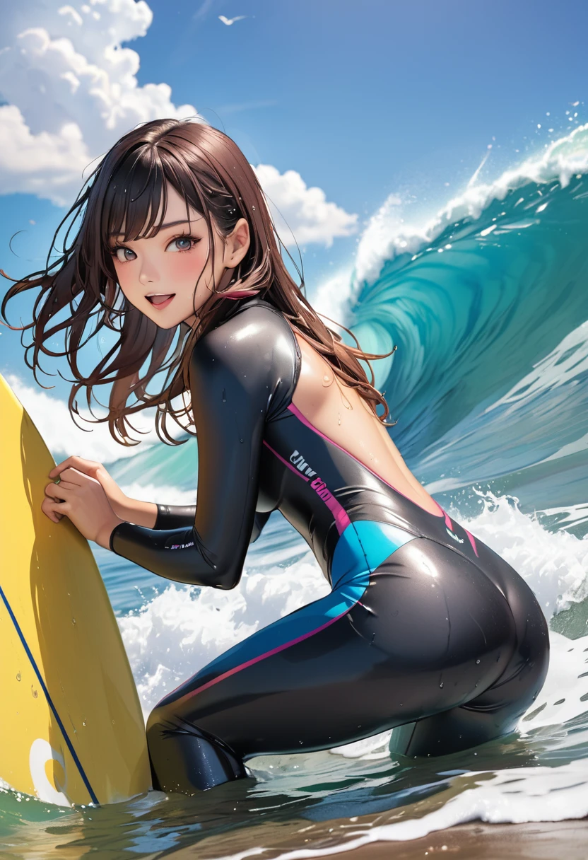 1 girl, (long hair, asymmetrical bangs, dark brown eyes), beautiful face details, beautiful eyes, long eyelashes, soft lips, smile,  (Reflecting the buttocks:1.7), city, (wet suits:1.7), open mouth, (See-through), (surfing, 
surf board:1.5), (black long hair:1.3), blush, surprised face, (turn around and look back:1.5), (wet with sweat:1.5)
