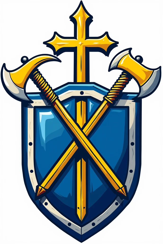 Coat of arms logo with blue shield, transparent background. Drawn on the national emblem, It's yellow., A cross and an arm holding an axe and a sword are embedded behind the shield --automatic.