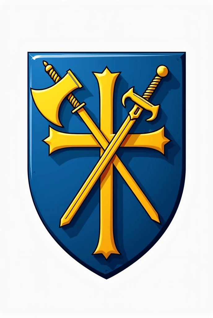 Coat of arms logo with blue shield, transparent background. Drawn on the national emblem, It's yellow., A cross and an arm holding an axe and a sword are embedded behind the shield --automatic.