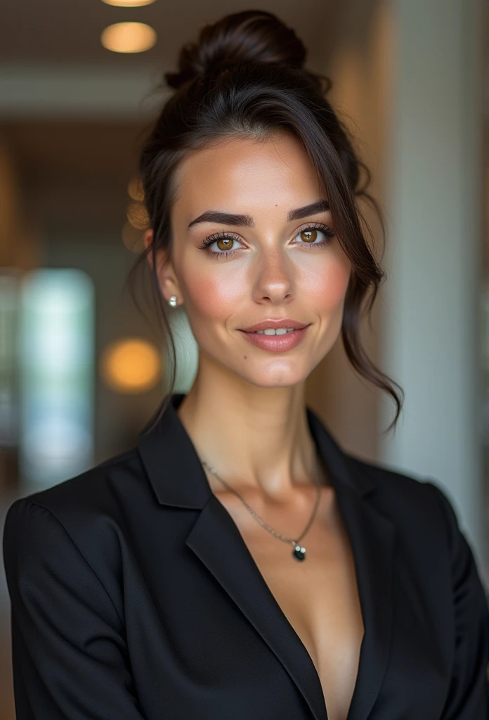 professional, (4k photo:1.1), (Dittmann Anna:0.3), (Arrian Mark:0.3), (Sharp Focus:1.3), high detail, wear fashionable clothes, beautiful detailed face, Brown eyes, asymmetric haircut, (attractive woman:1.3), body shape, Office with desk
