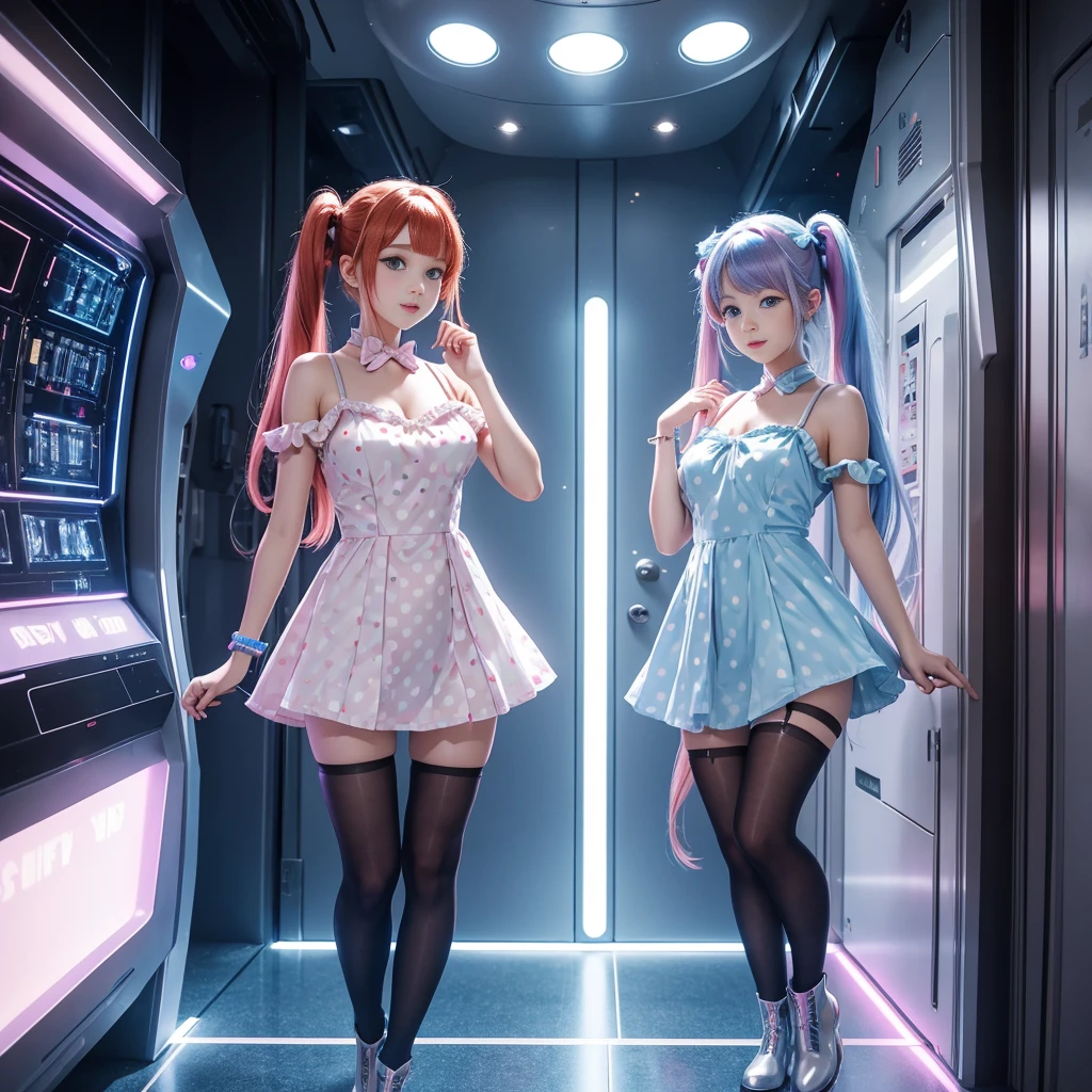Cute redhead, gravure Idol, with rainbow colored hair tips, ribbons in her hair, 18-year-old woman, happy, in twin tails, perfect symmetrical eyes, clear sparkling blue eyes, pale skin, silky smooth skin, standing on a fancy luxurious space ship, large futuristic corridor, control panels, wood trim, decorative plants, warm lighting, wearing a futuristic dress, pleated (chemise) mini dress (pastel rainbow colors, and polka dots), wearing full body hose, cute short cut booties.