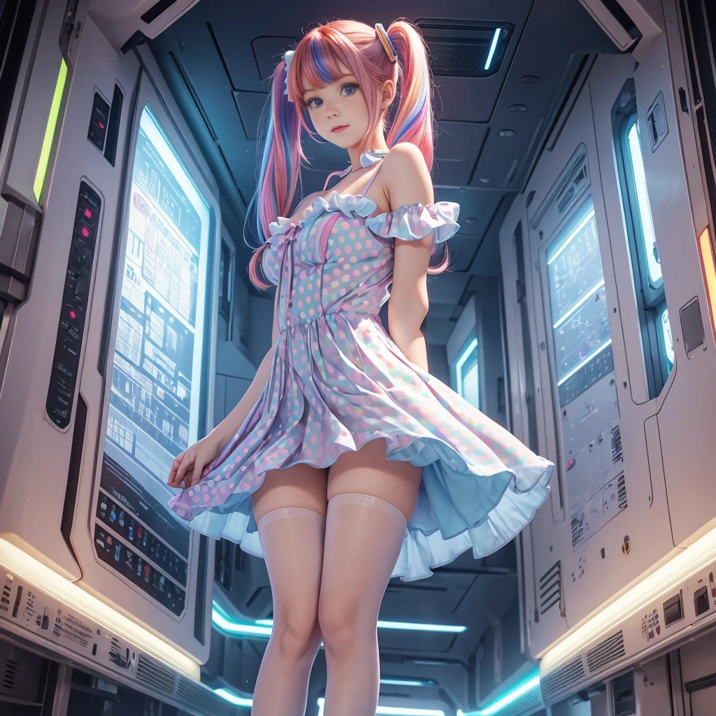 Cute redhead, gravure Idol, with rainbow colored hair tips, ribbons in her hair, 18-year-old woman, happy, in twin tails, perfect symmetrical eyes, clear sparkling blue eyes, pale skin, silky smooth skin, standing on a fancy luxurious space ship, large futuristic corridor, control panels, wood trim, decorative plants, warm lighting, wearing a futuristic party dress, pleated (chemise) mini dress (pastel rainbow colors, and polka dots), wearing full body pantyhose, cute short cut booties.