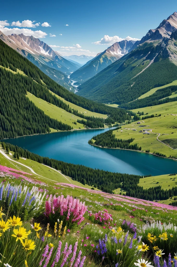 ultra realistic flowers in a mountainous landscape