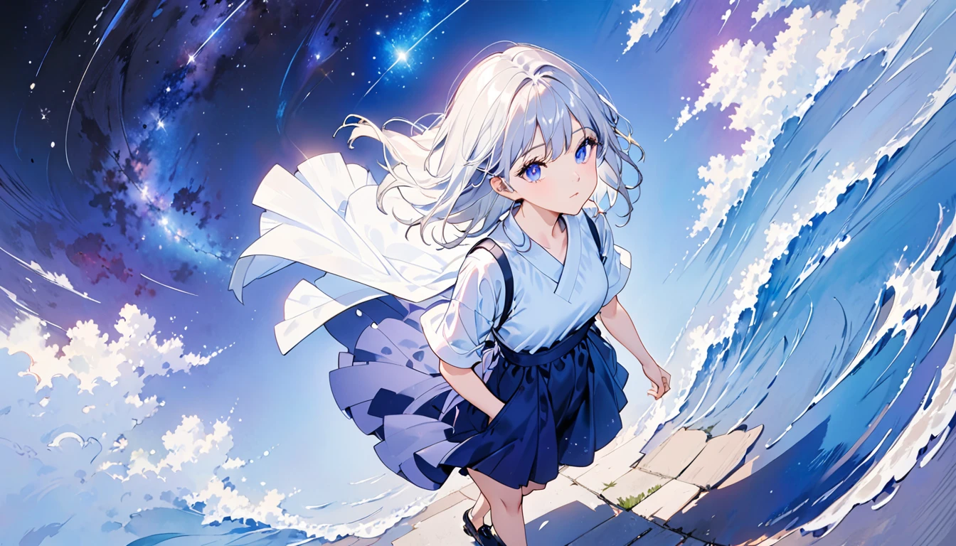 masterpiece,(best quality),(1girl) ,solo,(high contrast:1.2),(high saturation:1.2), ((hands on the pocket)),((black and white sdress)),looking at viewer,((purple and blue theme:1.3)),((purple and blue background:1.5)),white hair,blue eyes,((walking:1.3)),full body,black footwear,((the blue water on ground reflecting the starry sky and nebula and galaxy)),((from above:1.2))