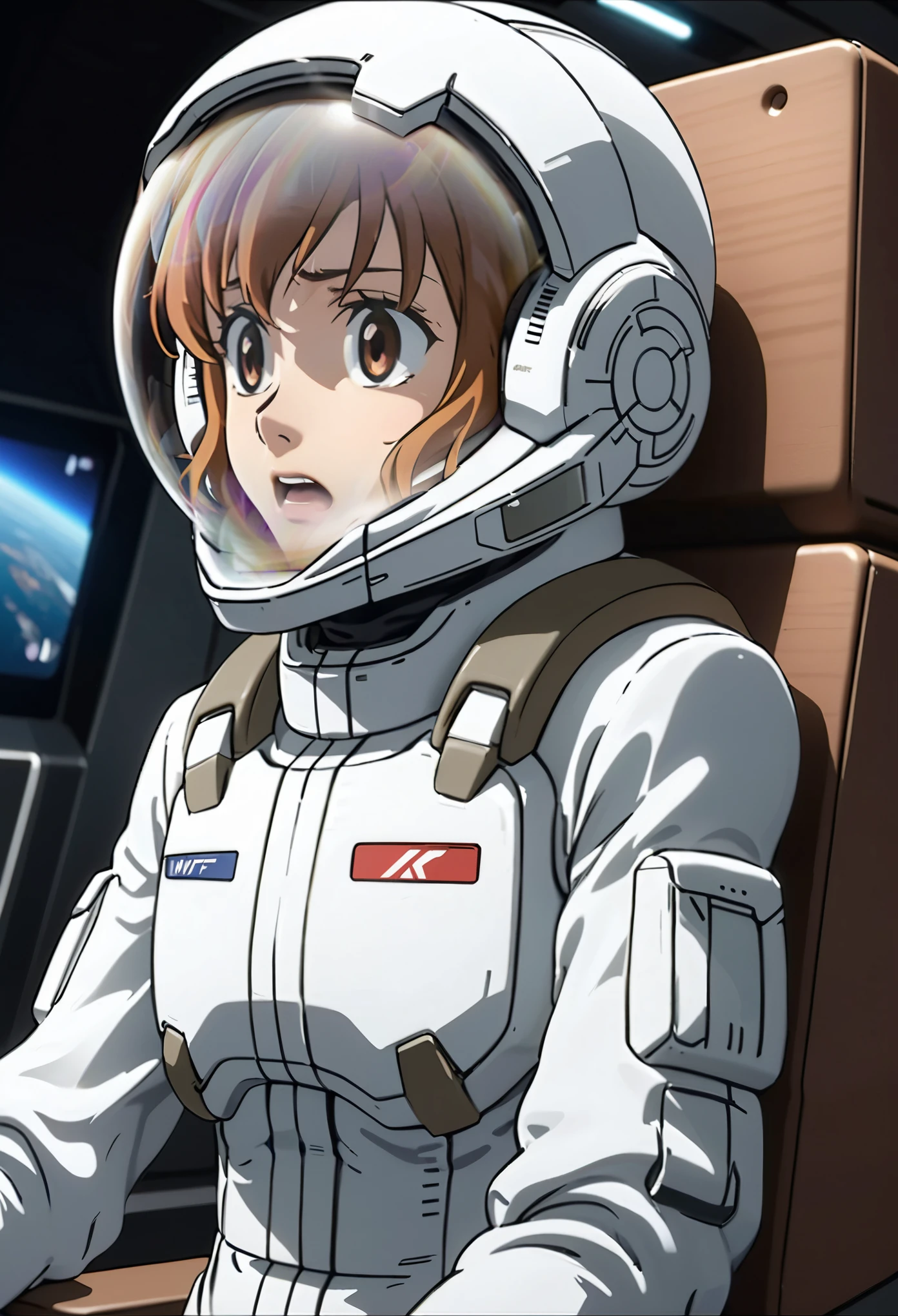 eva helm, spacesuit , astronaut), from side,  bubble helmet, space helmet, (1girl:1.1) wearing a (spacesuit:1.15), white cargo pants, (ugh, wtf do these buttons do:1.3), inside the cockpit of a (futuristic spaceship:1.1), sitting in the captains chair, (intricate control panels:1.3), (gleaming metal:1.1), surrounded by many buttons and dials and gauges, (confused:1.3), (worried expression:1.1), (nervous:1.1), concerned, beautiful 8k wallpaper, highly advanced, (sleek design:1.3), intricate, highres, superb, 8k wallpaper, extremely detailed, intricate,