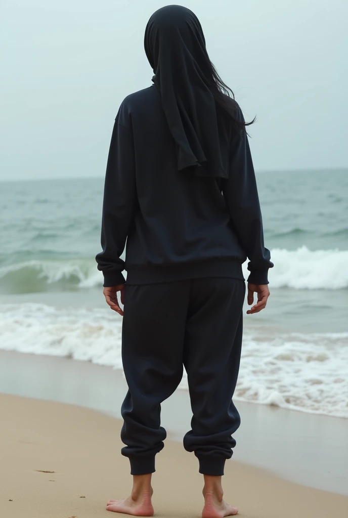 Black headscarf on the beach, black sweatpants, Barefoot woman. Men who touch women