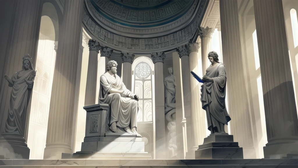 A majestic Greek philosopher standing in a grand marble hall, surrounded by ancient scrolls and symbols of knowledge. The philosopher gazes thoughtfully into the distance, with rays of sunlight highlighting his figure. The scene is serene yet powerful, evoking a sense of wisdom and the importance of understanding ethics. The overall style is reminiscent of classical Greek sculptures, with intricate details and a sense of timelessness.