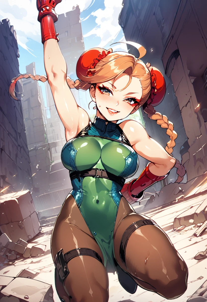 masterpiece,best quality,extreme detail,8k,cammyfn, 1girl, solo, long hair, breasts, blue eyes,brown blonde hair, large breasts, gloves, red hat, braid, ahoge, twin braids, leotard, lips, makeup, beret, scar, antenna hair, nose, harness, huge ahoge, green leotard,sleeveless, sweaty,sweat, exhausted,sleeveless,cross eye, full body , 1girl, (solo:1.2), (jumping:1.3), (mid air:1.3), (cowboy shot:1.5), smile, happy, (masterpiece:1.3), (best quality:1.3), (perfect anatomy:1.4), highly detailed, chun li, brown eyes, short hair, double bun, bun cover, blue dress, pelvic curtain, spiked bracelet, sash, brown pantyhose, (post fight scenery:1.3), rubble, outside, daylight, nyantcha, expressive faces, anime-inspired, (cell shading:1.2), lips, merging
