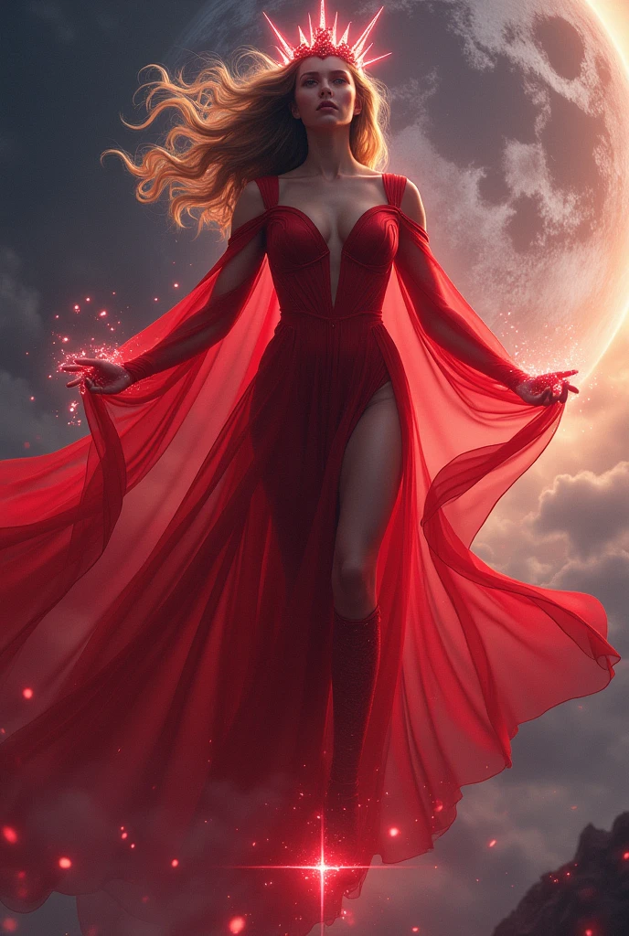 Scarlet Witch Elizabeth Olsen with her crown wearing a sexy transparent nipples nude breasts flying in a dark sky above the earth defeating Thanos.